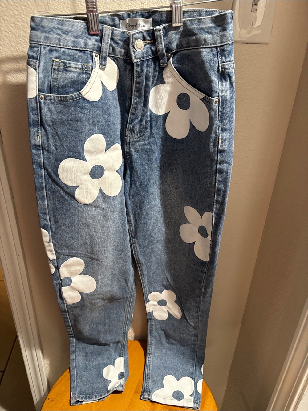 Angel Kiss Blue Denim Skinny Jeans with White Floral Print 1/25